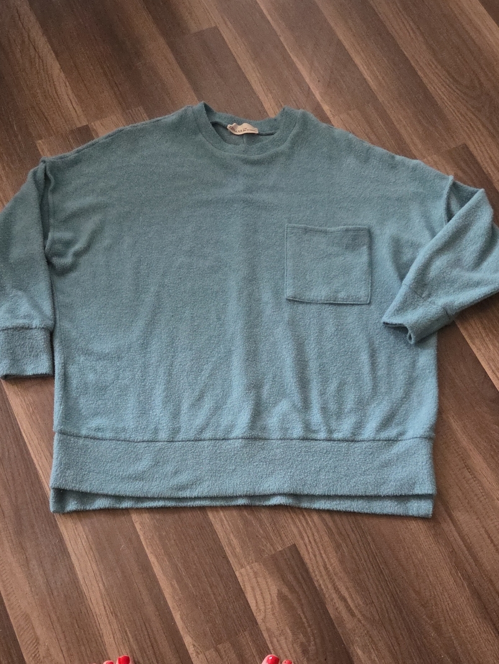 Zenana Outfitters Teal Crewneck Sweater Size Small Chest Pocket Exposed Seams